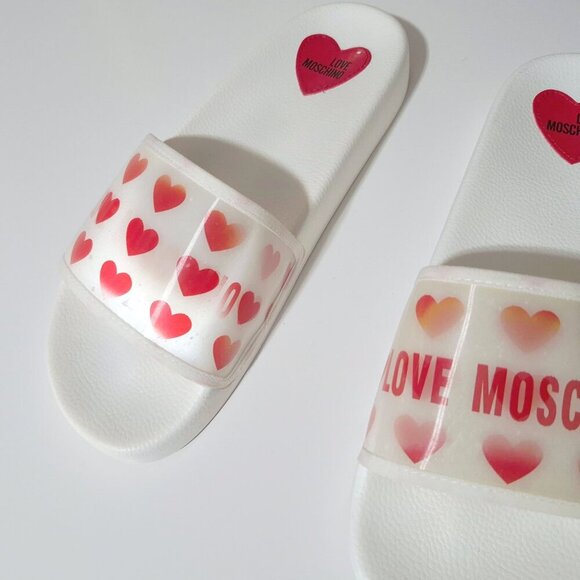 NWOT Love Moschino red & white heart print hologram flat pool slide sandals, 41 - Picture 11 of 16